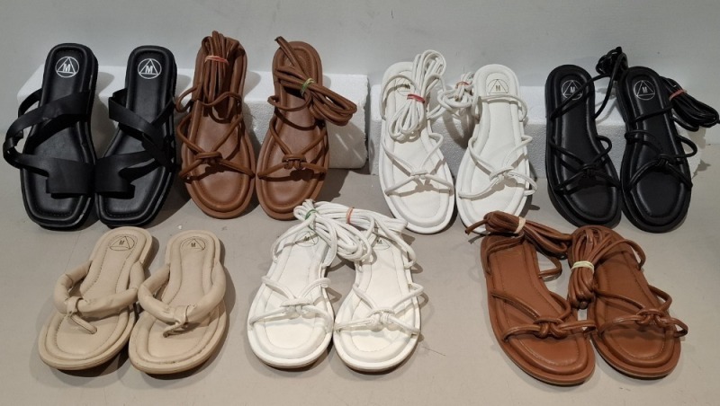 40 X PAIRS OF BRAND NEW MIXED MISSGUIDED FOOTWEAR LOT TO INCLUDE TWISTED TOE POST FLAT SANDALS - FAUX LEATHER KNOTTED FLAT SANDALS - PADDED TIE UP SANDALS - CHUNKY STRAP SLIDERS ETC ALL IN VARIOUS SIZES IN 1 TRAY