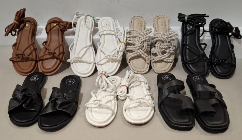 40 X PAIRS OF BRAND NEW MIXED MISSGUIDED FOOTWEAR LOT TO INCLUDE TWISTED TOE POST FLAT SANDALS - FAUX LEATHER KNOTTED FLAT SANDALS - PADDED TIE UP SANDALS - CHUNKY STRAP SLIDERS ETC ALL IN VARIOUS SIZES IN 1 TRAY