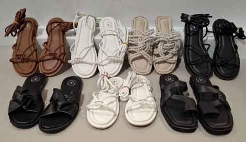 40 X PAIRS OF BRAND NEW MIXED MISSGUIDED FOOTWEAR LOT TO INCLUDE TWISTED TOE POST FLAT SANDALS - FAUX LEATHER KNOTTED FLAT SANDALS - PADDED TIE UP SANDALS - CHUNKY STRAP SLIDERS ETC ALL IN VARIOUS SIZES IN 1 TRAY