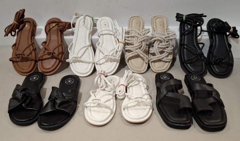 40 X PAIRS OF BRAND NEW MIXED MISSGUIDED FOOTWEAR LOT TO INCLUDE TWISTED TOE POST FLAT SANDALS - FAUX LEATHER KNOTTED FLAT SANDALS - PADDED TIE UP SANDALS - CHUNKY STRAP SLIDERS ETC ALL IN VARIOUS SIZES IN 1 TRAY