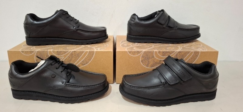 20 X PAIRS OF BRAND NEW PRETTY GREEN SHOES CONTAINING HARROW VELCRO SN00 AND HARROW LACE SNOO IN BLACK IN BLACK ALL IN SIZE 9 TOTAL RRP &pound;1280