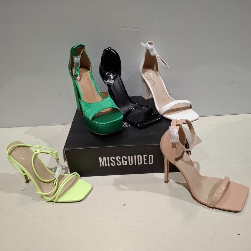 30 X BRAND NEW MISSGUIDED SHOES LOT CONTAINING SQUARE TOE PATENT HEELED SANDAL IN SAND , STRAPPY RING DETAIL HEELED SANDAL IN ORANGE , SQUARE TOE PERSPEX HIGH HEEL MULES IN SAND ETC ALL IN SIZE 4