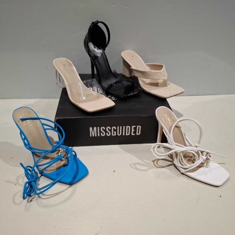 30 X BRAND NEW MISSGUIDED SHOES LOT CONTAINING NATURAL FLIP FLOP MULE HEELED SANDAL BEIGE , STRAPPY RING DETAIL HEELED SANDAL IN WHITE , PERSPEX BLOCK HEEL MULE SANDAL IN SAND ETC ALL IN SIZE 4
