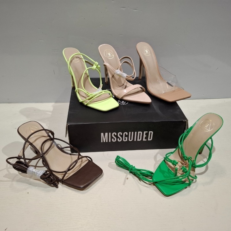 30 X BRAND NEW MISSGUIDED SHOES LOT CONTAINING SQUARE TOE PERSPEX HIGH MULES IN SAND , POINTED TOE PATENT BARELY THERE IN NUDE , MID CLEAR HEEL BLOCK HEEL IN NUDE ETC ALL IN SIZE 4