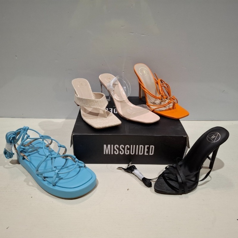 30 X BRAND NEW MISSGUIDED SHOES LOT CONTAINING CHUKY FLATFORM GLADIATOR SANDAL IN BLUE , SATIN POINTED LACE UP BARELY THERE IN BLACK , NATURAL FLIP FLOP MULE HEELED SANDAL IN BEIGE ETC ALL IN SIZE 5
