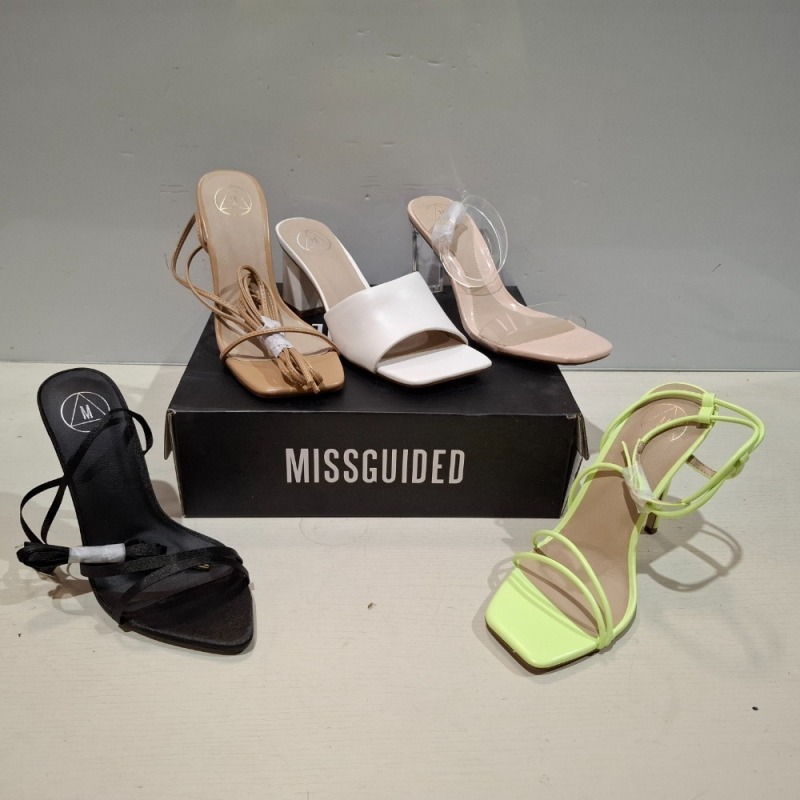 30 X BRAND NEW MISSGUIDED SHOES LOT CONTAINING MID ILLUSION HEEL CLEAR SANDALS IN CLEAR , SQUARE TOE BLOCK HEEL MULE SANDALS IN WHITE , CLEAR PLATFORM STILETTO HEELED SANDAL IN CLEAR ETC ALL IN SIZE 5