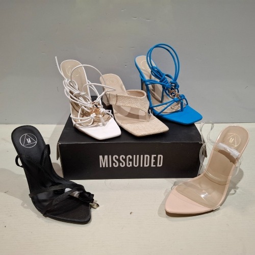 30 X BRAND NEW MISSGUIDED SHOES LOT CONTAINING STRAPPY RING DETAIL HEELED SANDAL IN WHITE , POINTED TOE PERSPEX STILETTO IN NUDE , NATURAL FLIP FLOP MULE HEELED SANDAL IN BEIGE ETC ALL IN SIZE 5