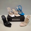30 X BRAND NEW MISSGUIDED SHOES LOT CONTAINING STRAPPY RING DETAIL HEELED SANDAL IN WHITE , POINTED TOE PERSPEX STILETTO IN NUDE , NATURAL FLIP FLOP MULE HEELED SANDAL IN BEIGE ETC ALL IN SIZE 5