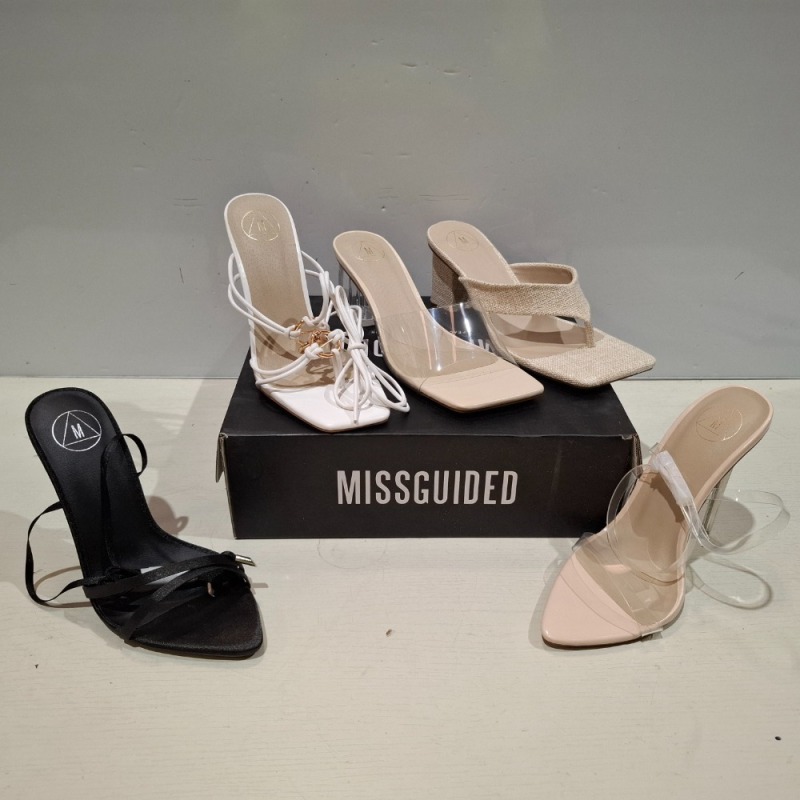 30 X BRAND NEW MISSGUIDED SHOES LOT CONTAINING POINTED TOE PERSPEX STILETTO NUDE , NATURAL FLIP FLOP MULE HEELED SANDAL BEIGE , PERSPEX BLOCK HEEL MULE SANDAL SAND ETC ALL IN SIZE 5