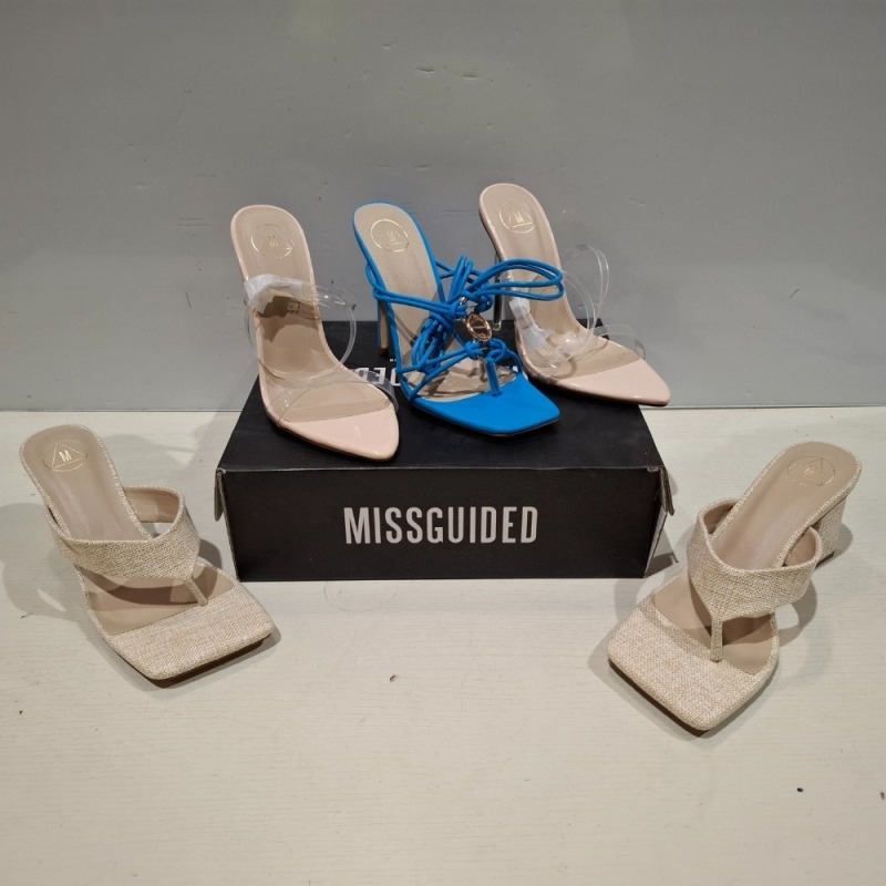 30 X BRAND NEW MISSGUIDED SHOES LOT CONTAINING STRAPPY RING DETAIL HEELED SANDAL IN BLUE , NATURAL FLIP FLOP MULE HEELED SANDAL IN BEIGE , POINTED TOE PERSPEX STILETTO IN NUDE ECT ALL IN SIZE 6