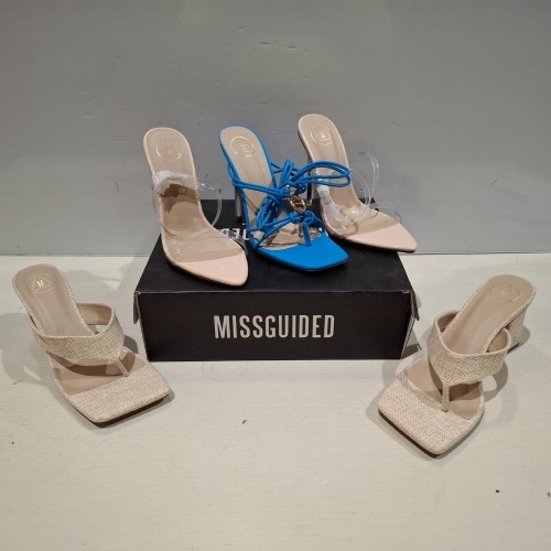 30 X BRAND NEW MISSGUIDED SHOES LOT CONTAINING STRAPPY RING DETAIL HEELED SANDAL IN BLUE , NATURAL FLIP FLOP MULE HEELED SANDAL IN BEIGE , POINTED TOE PERSPEX STILETTO IN NUDE ECT ALL IN SIZE 6