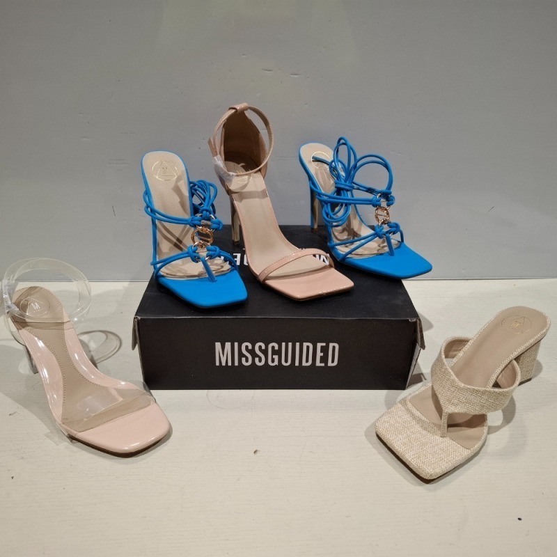 30 X BRAND NEW MISSGUIDED SHOES LOT CONTAINING NATURAL FLIP FLOP MULE HEELED SANDAL IN BEIGE , STRAPPY RING DETAIL HEELED SANDAL IN BLUE , MID CLEAR HEEL BLOCK HEEL IN NUDE ETC ALL IN SIZE 6