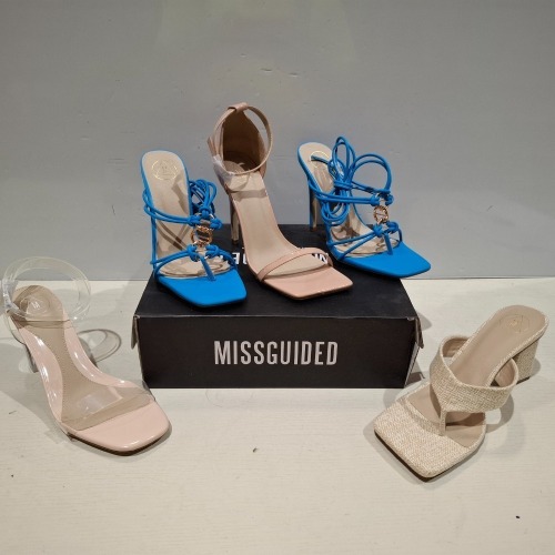 30 X BRAND NEW MISSGUIDED SHOES LOT CONTAINING NATURAL FLIP FLOP MULE HEELED SANDAL IN BEIGE , STRAPPY RING DETAIL HEELED SANDAL IN BLUE , MID CLEAR HEEL BLOCK HEEL IN NUDE ETC ALL IN SIZE 6
