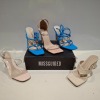 30 X BRAND NEW MISSGUIDED SHOES LOT CONTAINING NATURAL FLIP FLOP MULE HEELED SANDAL IN BEIGE , STRAPPY RING DETAIL HEELED SANDAL IN BLUE , MID CLEAR HEEL BLOCK HEEL IN NUDE ETC ALL IN SIZE 6