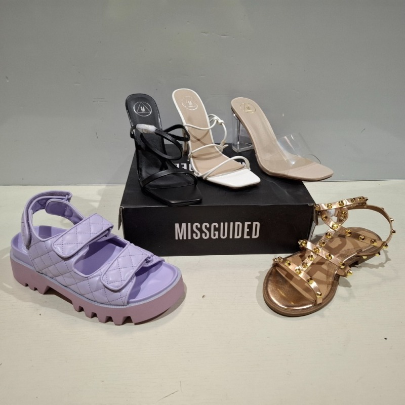 30 X BRAND NEW MISSGUIDED SHOES LOT CONTAINING BASIC BARELY THERE IN BLACK , CLEAR HEEL BLOCK HEEL MULE IN CLEAR , STRAPPY HIGH HEEL SANDALS ETC ALL IN SIZE 6