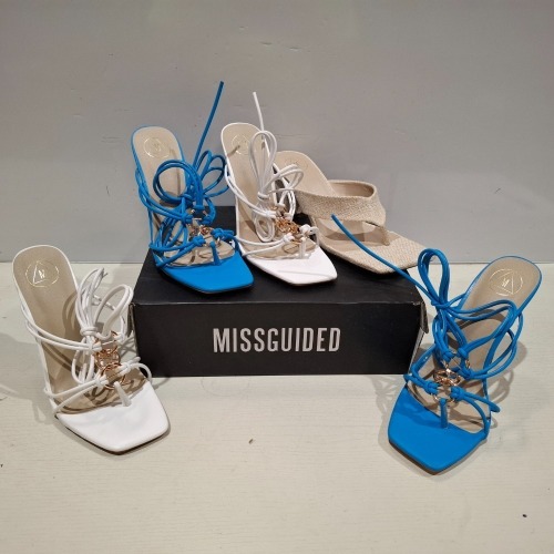 30 X BRAND NEW MISSGUIDED SHOES LOT CONTAINING STRAPPY RING DETAIL HEELED SANDAL IN GREEN , NATURAL FLIP FLOP MULE HEELED SANDAL IN BEIGE , ETC ALL IN SIZE 7