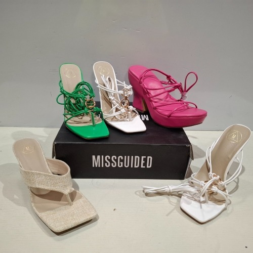 30 X BRAND NEW MISSGUIDED SHOES LOT CONTAINING CLEAR HEEL BLOCK HEEL MULE IN CLEAR , STRAPPY RING DETAIL HEELED SANDAL IN WHITE , FAUX LEATHER PLATFORM STRAPPY SANDAL IN PINK ETC ALL IN SIZE 7