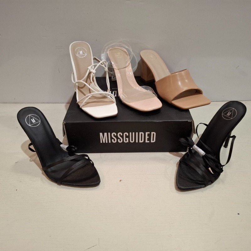 30 X BRAND NEW MISSGUIDED SHOES LOT CONTAINING ASYM STRAPPY HIGH HEEL SANDALS IN WHITE , MID ILLUSION CLEAR SANDALS IN CLEAR , SATIN POINTED LACE UP BARELY THERE IN BLACK ETC ALL IN SIZE 7
