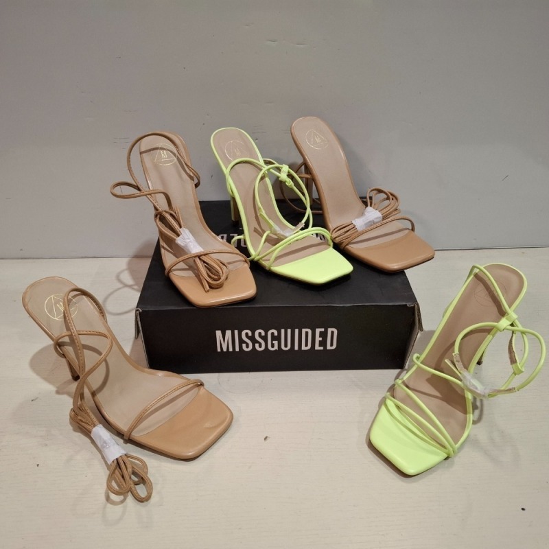 30 X BRAND NEW MISSGUIDED SHOES LOT CONTAINING ASSYM STRAPPY HEELED SANDAL IN LIME , SQUARE TOE HIGH HEEL TIE UP SANDALS IN SAND ETC ALL IN SIZE 7