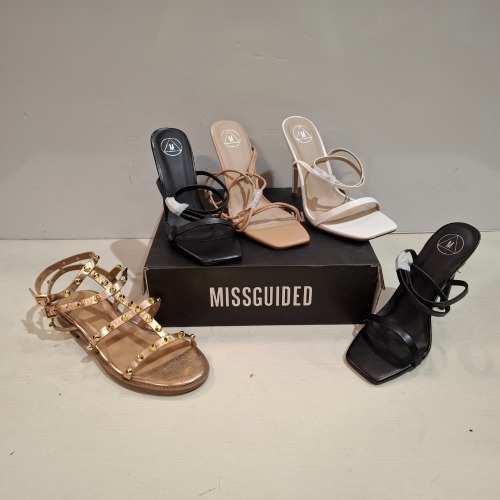 30 X BRAND NEW MISSGUIDED SHOES LOT CONTAINING STRAPPY HIGH HEEL SANDALS IN WHITE , BARELY SQUARE TOE HIGH HEELS IN WHITE , BASIC BARELY THERE IN BLACK ETC ALL IN SIZE 7
