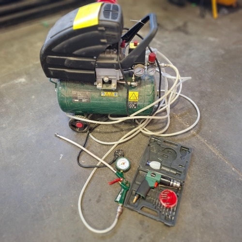 2 X PARKSIDE LOT, AIR COMPRESSOR PKO 270 A1 IN GREEN, PNEUMATIC DRILL IN GREEN AND BLACK WITH DRILL BITS