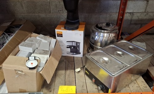 50 + MIXED CATERING LOT CONTAINING BUFFALO WET HEAT BAIN MARIE, BUFFALO L714 STAINLESS STEEL SOUP KETTLE 10L, SBOLY ESPRESSO COFFEE MACHINE AND 32KG BAGGAGE SCALES