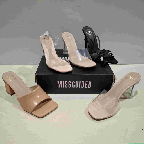 30 X BRAND NEW MISSGUIDED SHOES LOT CONTAINING STAIN POINTED LACE UP BARELY THERE IN BLACK , CLEAR HEEL BLOCK HEEL MULE IN CLEAR , SQUARE TOE BLOCK HEEL MULE SANDALS IN SAND ETC ALL IN SIZE 6