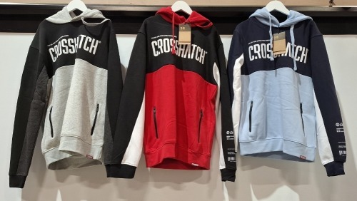 20 X BRAND NEW CROSSHATCH COMPOUNDS HOODIES IN VARIOUS COLOURS RED / BLACK , NAVY / BLUE AND GREY / BLACK / GREY IN SIZES SMALL , MEDIUM , LARGE , DOUBLE XL AND SMALL