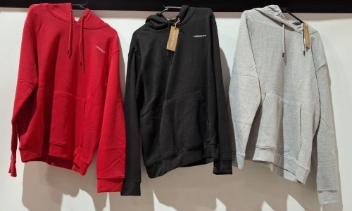 20 X BRAND NEW CROSSHATCH HOODIES IN VARIOUS COLOURS RED , BLACK , BLUE AND GREY IN SIZES EXTRA LARGE , LARGE , MEDIUM AND SMALL