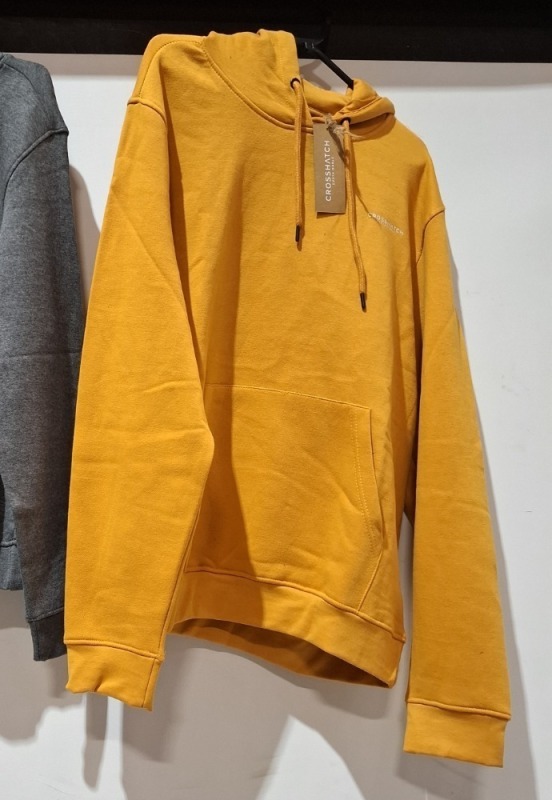 20 X BRAND NEW CROSSHATCH HOODIES 11 X IN COLOUR MUSTARD IN SIZES , S, M, L, XL, 9 X CHARCOAL IN SIZES S, M, L, XL