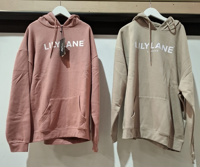 20 X BRAND NEW LILYLANE LONDON HOODIES CONTAINING, 15 X IN PINK IN SIZES S, M, L, 5 X IN STONE IN SIZES, S, M, L,