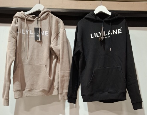 20 X BRAND NEW LILYLANE LONDON HOODIES, 11 X IN BLACK IN SIZES, S AND M, 9 X IN STONE IN SIZES, S AND M