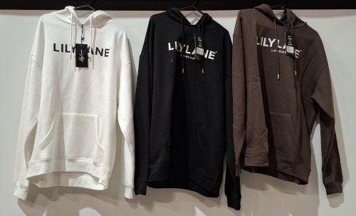20 X BRAND NEW LILYLANE LONDON HOODIES IN VARIOUS COLOURS BROWN, BLACK, WHITE, SAGE AND STONE IN SIZES, S, M, L,