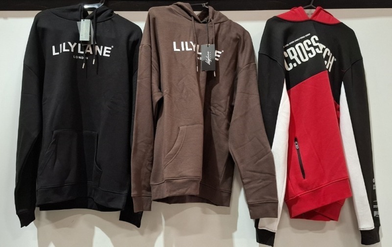 20 X BRAND NEW MIXED LILYLANE LONDON / CROSSHATCH HOODIES IN VARIOUS COLOURS BROWN, BLACK GREY IN SIZES S, M, L, 2XL