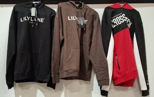 20 X BRAND NEW MIXED LILYLANE LONDON / CROSSHATCH HOODIES IN VARIOUS COLOURS BROWN, BLACK GREY IN SIZES S, M, L, 2XL