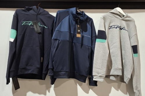 20 X BRAND NEW MIXED CLOTHING LOT CONTAINING, 7 X DUCK AND COVER JACKET IN NAVY BLUE AND GREY IN SIZES, S, L, XL, 2XL, 13 X CROSS HATCH HOODIES IN GREY, NAVY BLUE AND GREEN IN SIZES,S, M, L, XL, 2XL