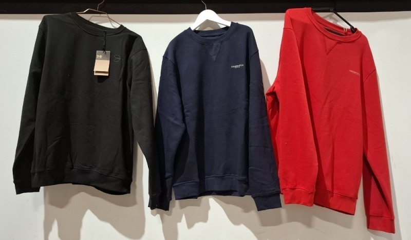 22 X BRAND NEW CROSSHATCH JUMPERS, 12 X IN CHARCOAL, , 7X IN RED AND 1 IN BLACK AND 2 IN NAVY BLUE IN VARIOUS SIZES LARGE , XXL XL , MEDIUM , SMALL