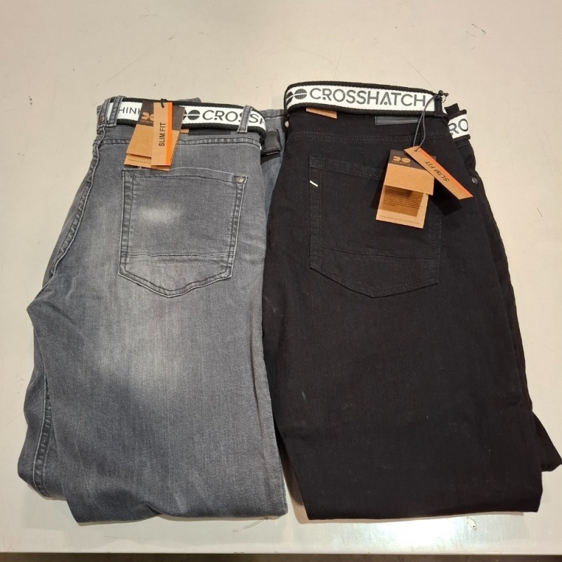 20 X BRAND NEW CROSSHATCH JEANS WITH BELTS IN BLACK AND GREY IN VARIOUS SIZES 32, 34, 36, 38, 40, ETC,