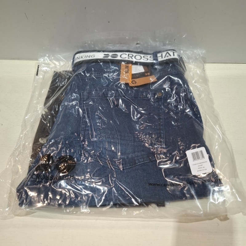 20 X BRAND NEW CROSSHATCH JEANS IN BLUE, BLACK AND CREAM IN SIZES, 30, 32, 34, 38 (IN 1 TRAY - TRAY NOT INCLUDED)