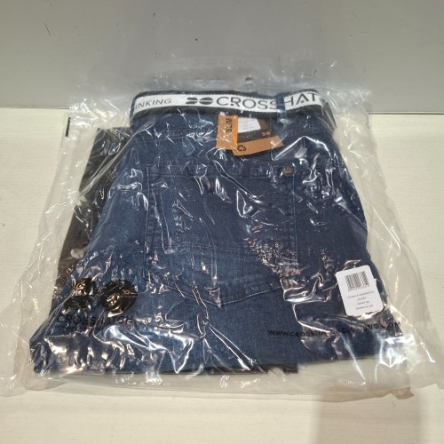 20 X BRAND NEW CROSSHATCH JEANS IN BLUE, BLACK AND CREAM IN SIZES, 30, 32, 34, 38 (IN 1 TRAY - TRAY NOT INCLUDED)