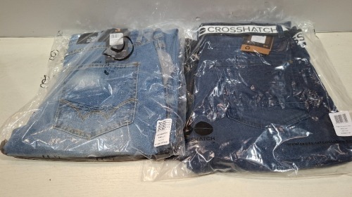 20 X BRAND NEW MIXED JEANS LOT CONTAINING DUCK AND COVER AND CROSS HATCH JEANS IN BLUE IN SIZES, 32, 34, 36, 38, 40 (IN 1 TRAY - TRAY NOT INCLUDED)