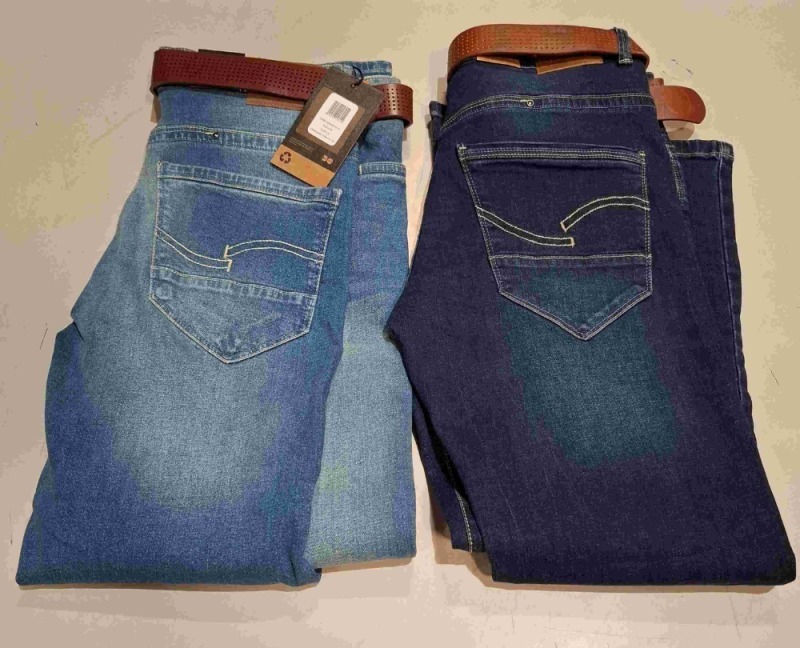 20 X BRAND NEW CROSSHATCH DENIM JEANS WITH BELTS IN BLUE / NAVY BLUE 32, 34, 36, 38, 40, ETC