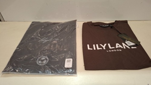 20 X BRAND NEW LILYLANE LONDON T-SHIRTS IN BROWN IN SIZES S, M, L (IN 1 TRAY - TRAY NOT INCLUDED)