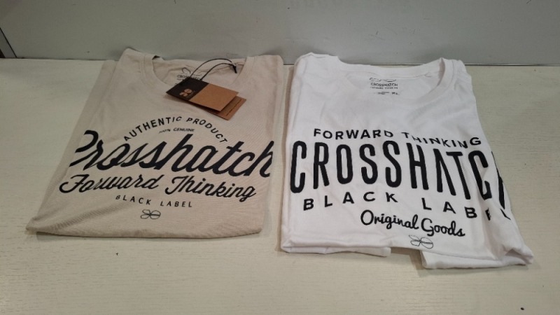 40 X BRAND NEW CROSSHATCH T-SHIRTS IN CREAM, WHITE, BLUE, NAVY BLUE AND GREY IN SIZES M, XL, 2XL (IN 2 TRAYS - TRAYS NOT INCLUDED)