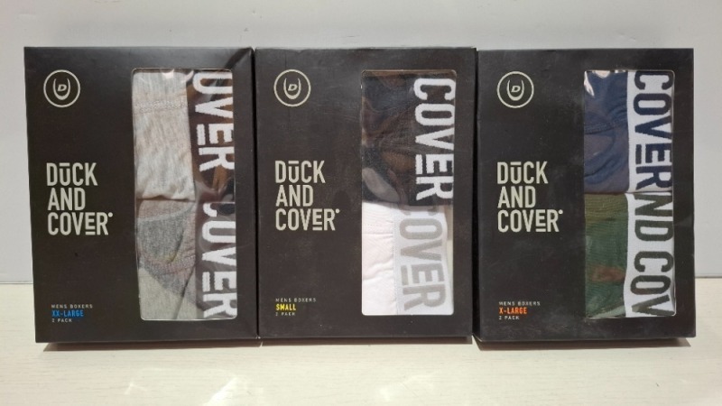 23 X BRAND NEW PACKS OF 2 DUCK AND COVER MENS BOXER SHORTS IN BLACK WHITE, GREY BLUE AND GREEN IN SIZES, S, M , L AND 2XL IN (IN 1 TRAY - TRAY NOT INCLUDED)