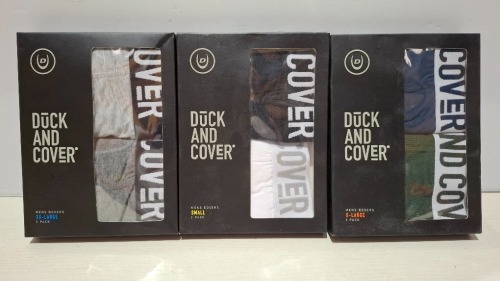 23 X BRAND NEW PACKS OF 2 DUCK AND COVER MENS BOXER SHORTS IN BLACK WHITE, GREY BLUE AND GREEN IN SIZES, S, M , L AND 2XL IN (IN 1 TRAY - TRAY NOT INCLUDED)