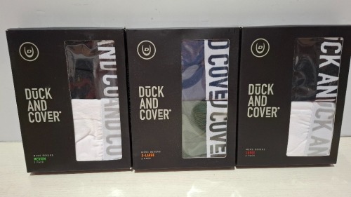 23 X BRAND NEW PACKS OF 2 DUCK AND COVER MENS BOXER SHORTS IN GREEN, BLUE, WHITE AND BLACK IN SIZES, M, L, XL, AND 2XL (IN 1 TRAY - TRAY NOT INCLUDED)