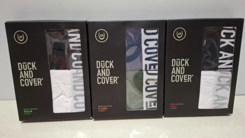22 X BRAND NEW PACKS OF 2 DUCK AND COVER MENS BOXER SHORTS IN GREEN, BLUE, WHITE AND BLACK IN SIZES, S, M, L, XL, (IN 1 TRAY - TRAY NOT INCLUDED)