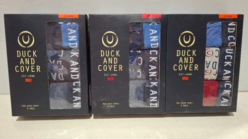 24 X BRAND NEW PACKS OF 3 DUCK AND COVER MENS BOXER SHORTS IN, BLUE, GREY, RED, ORANGE AND BLACK IN SIZES S, M, XL, 2XL (IN 1 TRAY - TRAY NOT INCLUDED)