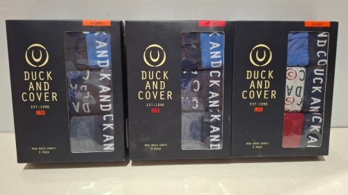 24 X BRAND NEW PACKS OF 3 DUCK AND COVER MENS BOXER SHORTS IN, BLUE, GREY, RED, ORANGE AND BLACK IN SIZES S, M, XL, 2XL (IN 1 TRAY - TRAY NOT INCLUDED)